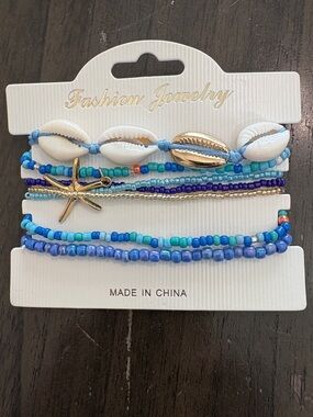 Fashion Jewelry Blue Bead and Shell Bracelet Set